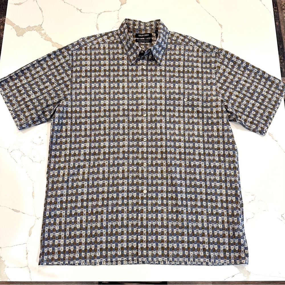 Vintage Murano Mens Short Sleeve Button Shirt Size L Retro Geo Blue Tan Travel